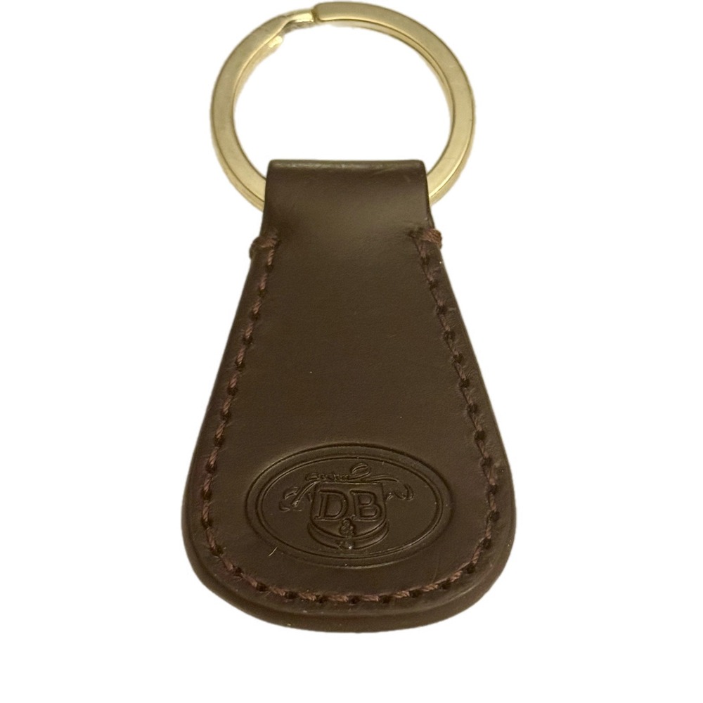 Dooney & Bourke Dark Brown Leather Crest Logo Keychain Fob Gold Tone Ring